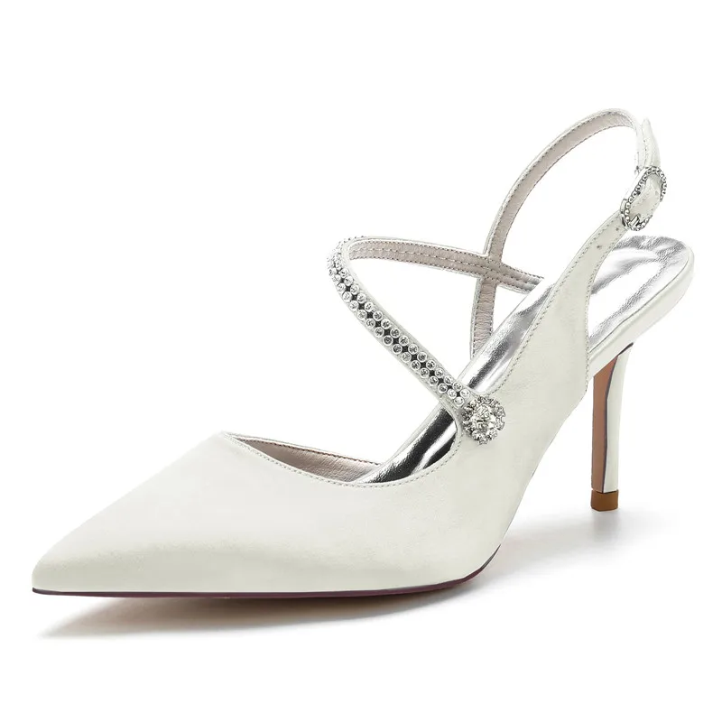 

Satin Beaded Wedding Slingback Shoes for Bride High Heels Pointed Toe Buckle Stiletto Heels Birdal Party Dress Shoes Pumps