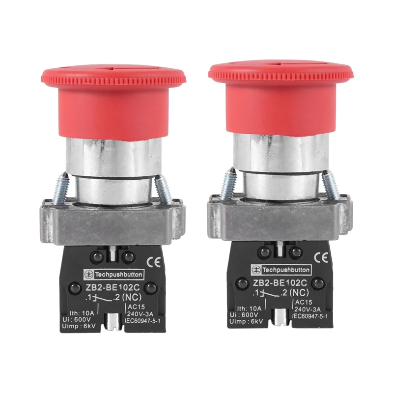 

2X NC Red Mushroom Emergency Stop Push Button Switch 600V 10A 22mm