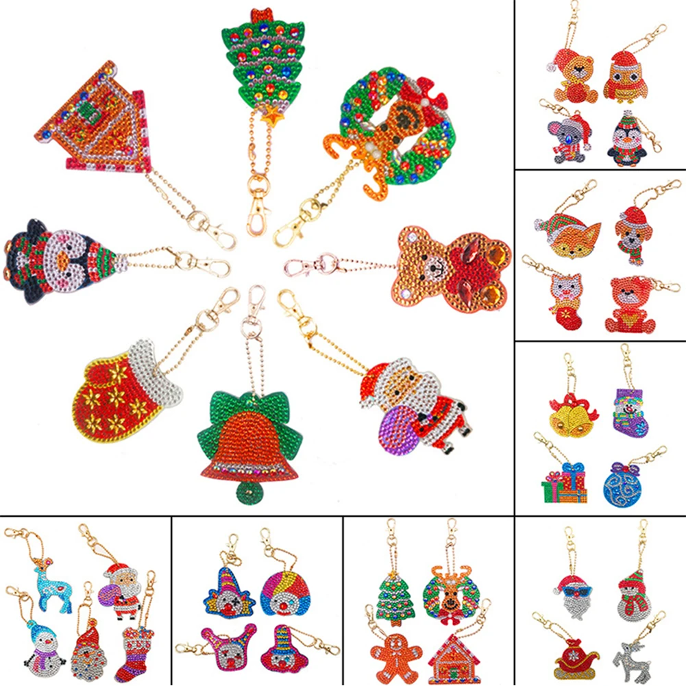 

4pcs 5D DIY Diamond Painting Santa Elk Keychain Bag Pendant Christmas Tree Decoration Diamond Mosaic Kit Xmas Keyring Craft Gift