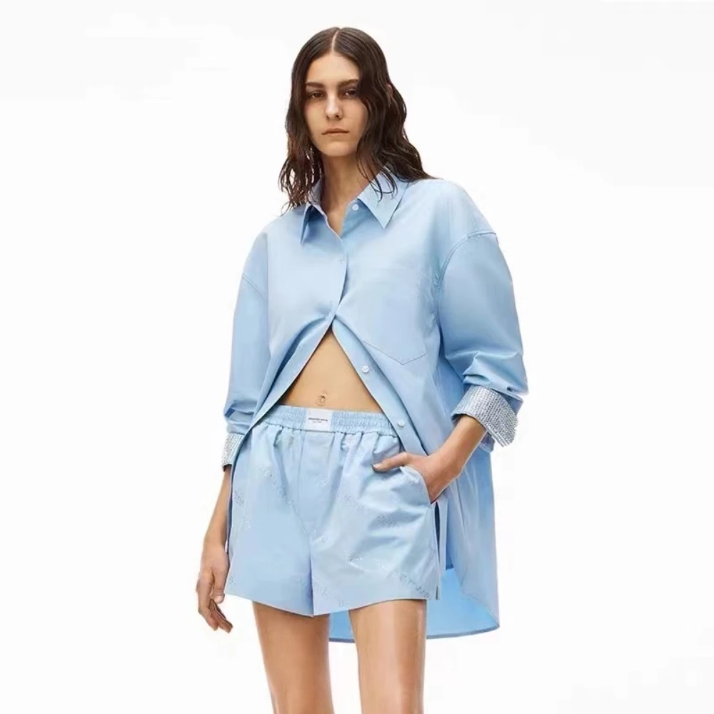 

Женский комплект из 2 предметов, Повседневная Длинная рубашка из чистого хлопка с широкими штанинами и шорты с поясом на резинке и надписями...