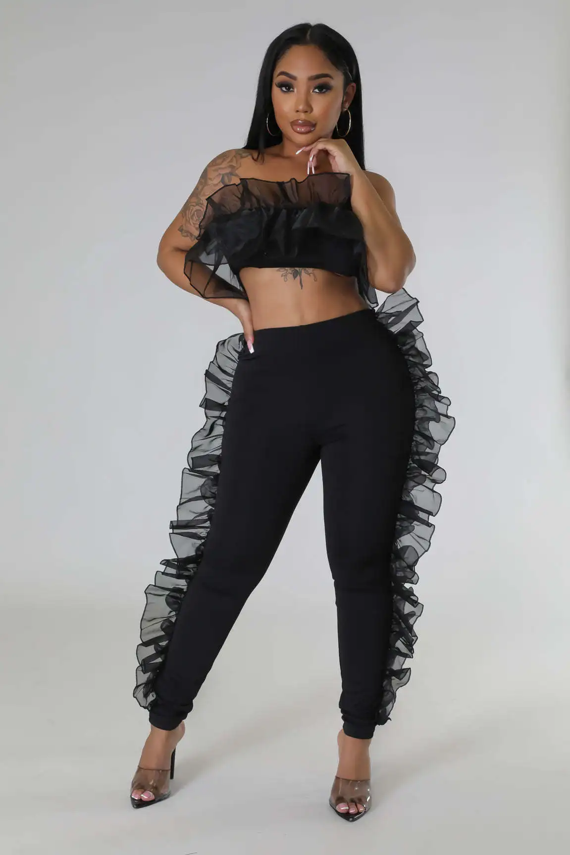 

Wishyear Fashion Ruffles Side Strapless Crop Top and Jogger Pants Sets Sexy Women Two 2 Piece Set Outfit Party Club Tracksuit