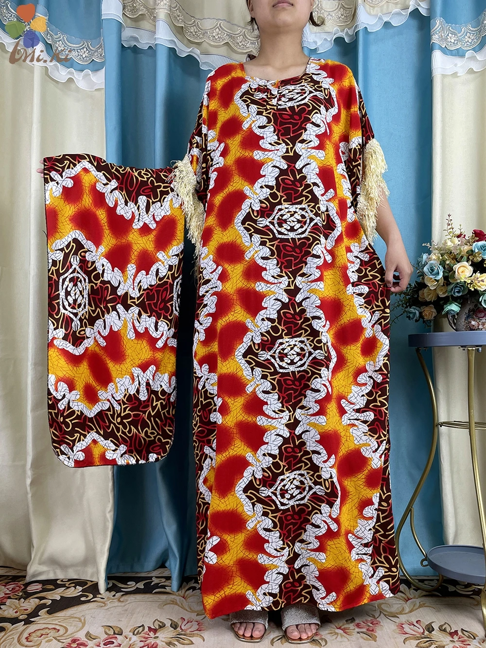 Muslim Short Sleeved Clothing New African Woman Abaya Tassel sleeve Solid color Printing Cotton Dress American Islam Clothing