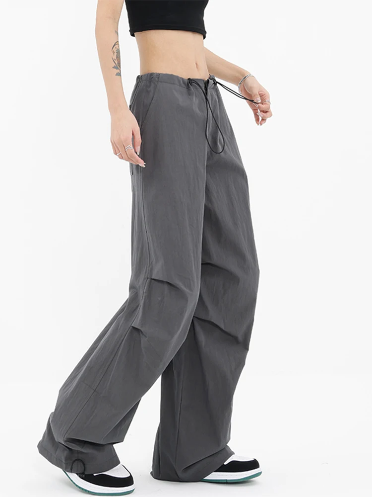

Женские винтажные однотонные брюки-карго на шнуровке, новинка 2023, прямые широкие брюки с высокой талией, уличная одежда в американском стиле