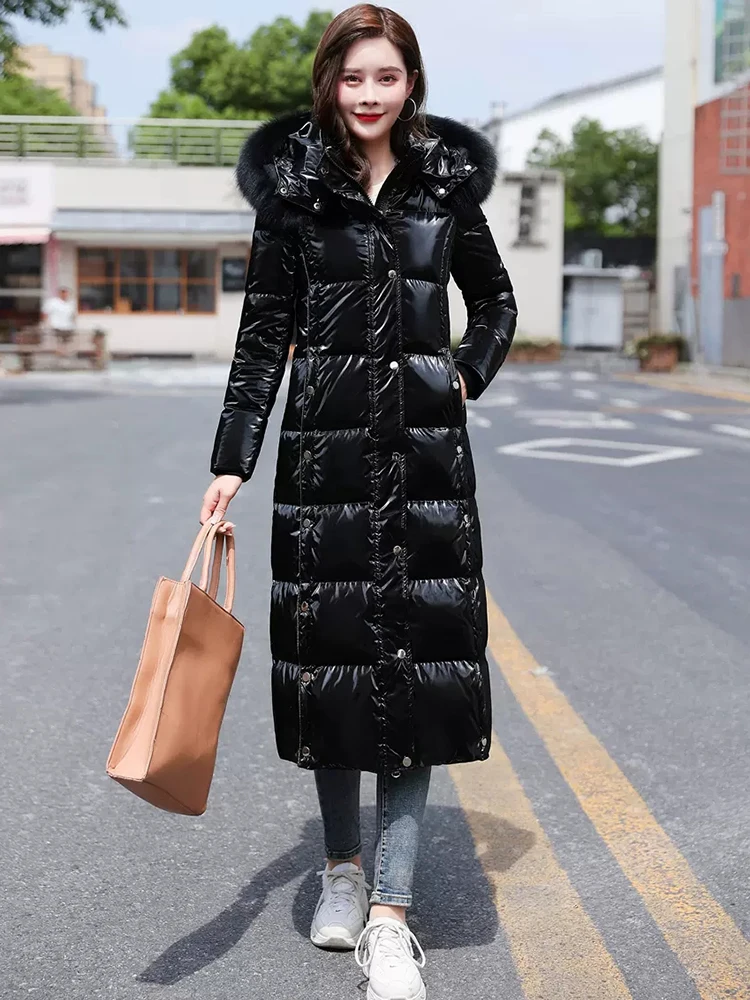 New Women Wash Free Glossy Surface Down Coat Fashion Hooded Real Fox Fur Collar Thicken Warm Down Jacket Loose Long Outerwear