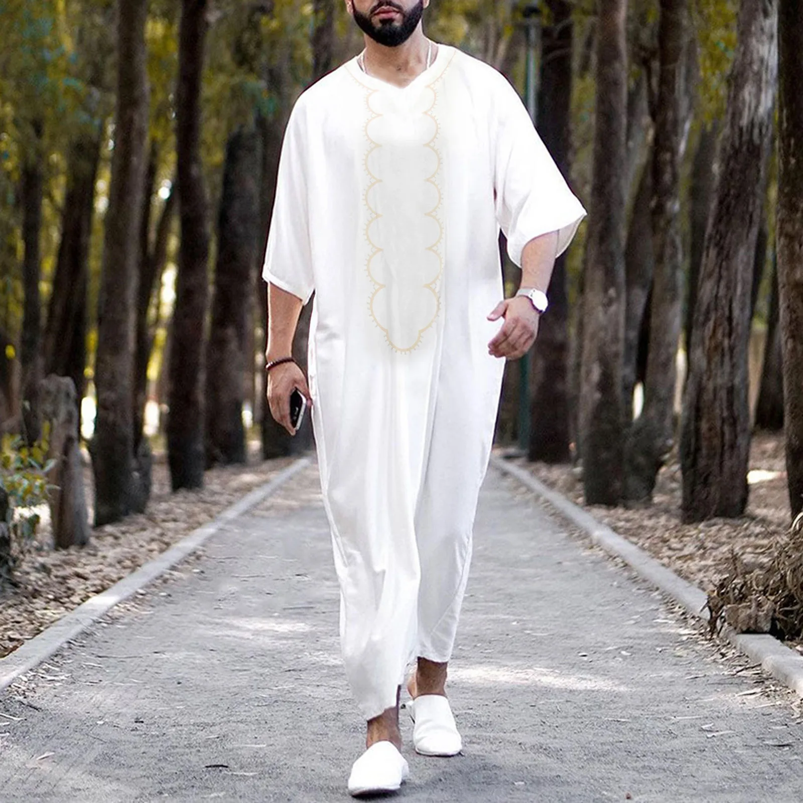 

Mens Satin Dress Shirt Male Casual Arab National Print Robe V Neck Middle Sleeve Split Hem Blouse Robe