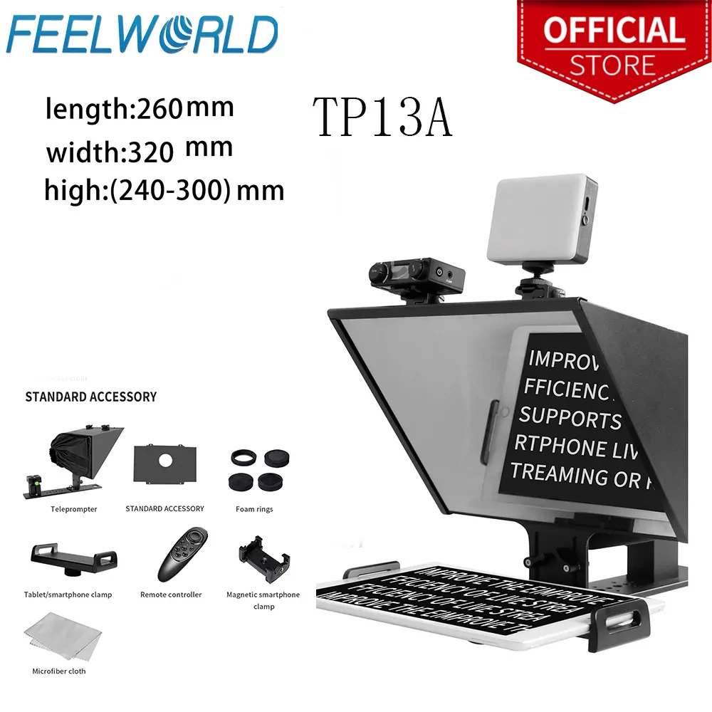 

FEELWORLD TP13A Teleprompter 13 inch Portable Supports Under 13" Smartphone Tablet Prompting Smartphone DSLR Camera Bluetooth