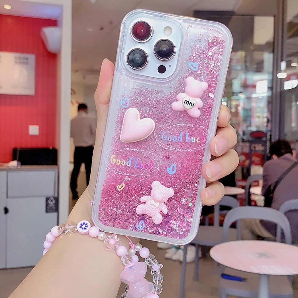 

3D Love Heart Bear Phone Case For Samsung Galaxy A13 A23 A33 A53 A52 Ultra Note 8 9 10 Pro Note 20 Ultra Liquid Quicksand Cover