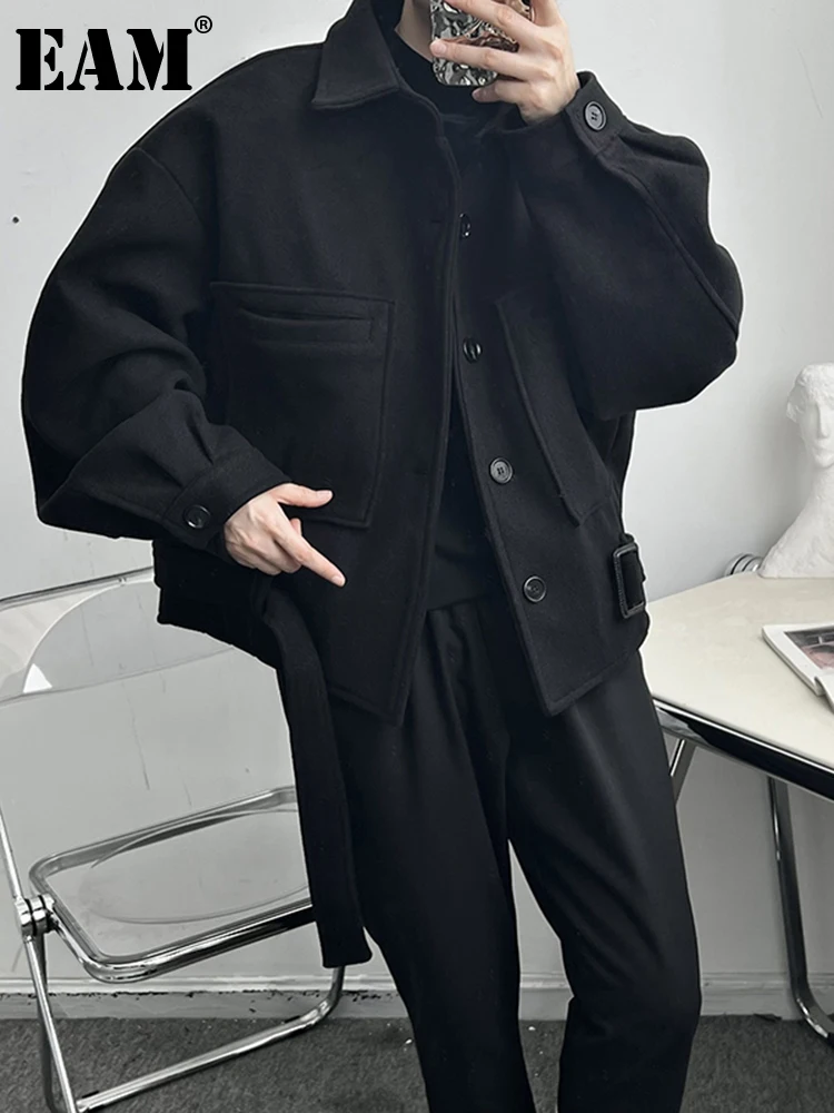 

[EAM] Loose Fit Black Thick Warm Big Size Woolen Coat Parkas New Long Sleeve Women Fashion Tide Autumn Winter 2022 1DF24430