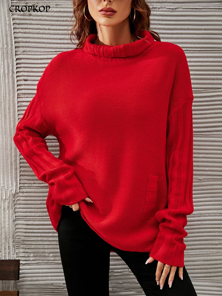 

Autumn Winter Turtleneck Sweater Women Casual Knitted Long Sleeve Tops Red Oversize Pullover Fashion New In Knitwears 2023