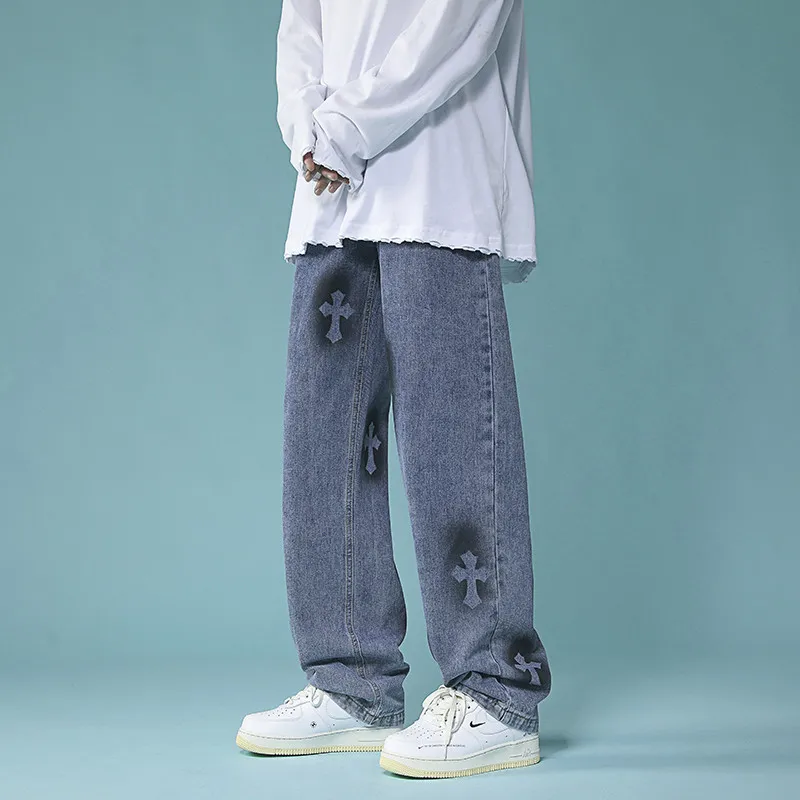 Men's Denim Pants Fashion Loose Wide Leg Jeans Casual Streetwear Printed Cross Trousers Pure Cotton Pants Baggy Men Jeans