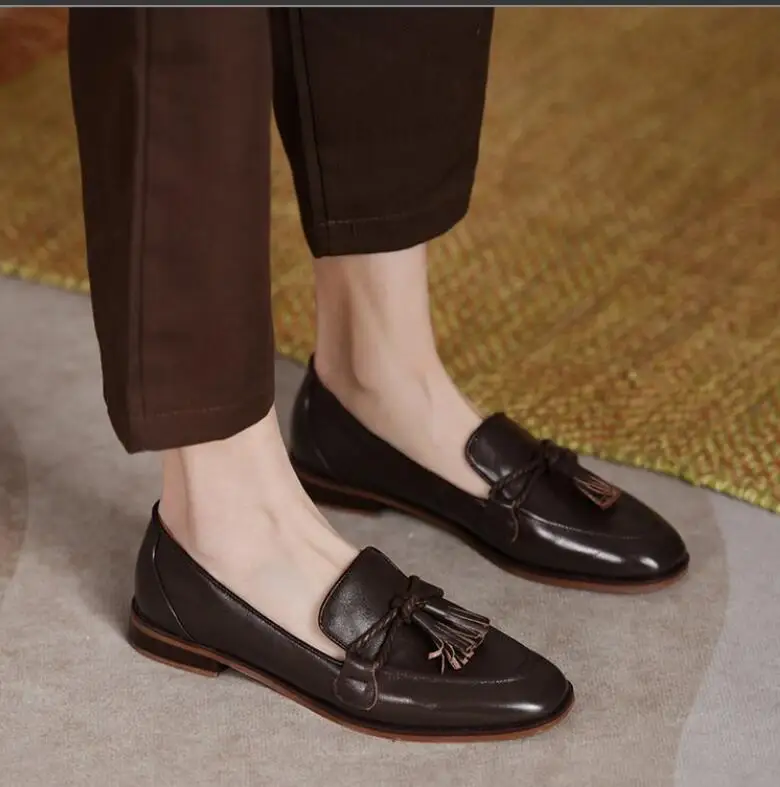 New Retro Black Style Square Head Women's Loafers Shoes Summer Fashion Style Tassel Comfortable Single Shoes Women Brown Shoes