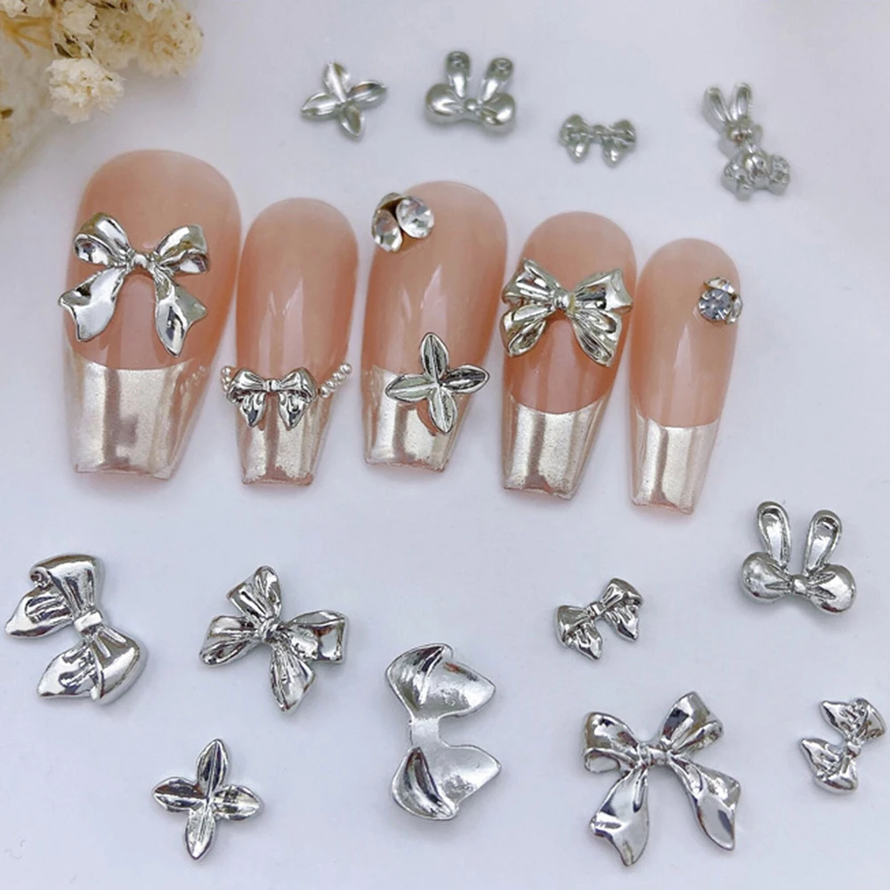 

10Pcs/set Metal Bow Nail Decorations Gold Silver Punk Style Nail Jewelry Rabbit Bowknot Manicure Accessories Press on Nails