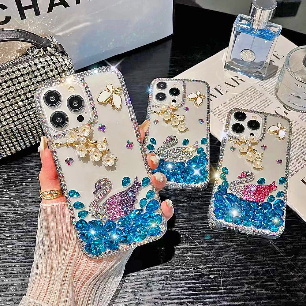 

3D Swan Rhinestone Pearl Plum Bolossom Butterfly Clear Phone Case For iPhone14 13 12 11Pro Max X XR XS 7 8 Plus Bling Back Cover