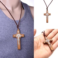retro jesus cross necklace wood metal pendant jewelry charm necklace gift men womens catholic religious