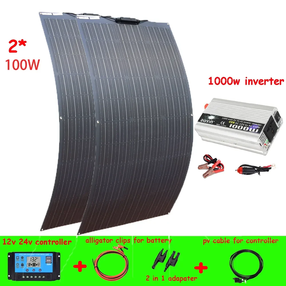 

200W Off Grid Solar Power System Kit RV for Shed/Home 2Pcs 100W Solar Panel + 20A Controller + 1000W Inverter Cable + Adapter