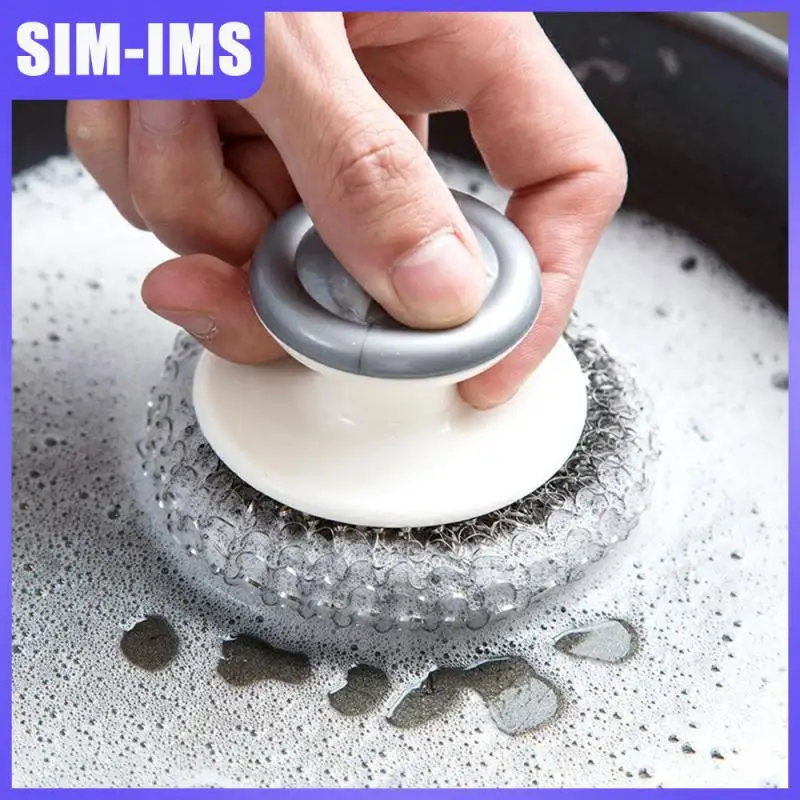 

Steel Ball Dishwashing Pot Brush Not Hurt Hands Durable Metal Scrubber Ball Plastic Handle Cleaning Brush Iron Wire Ball