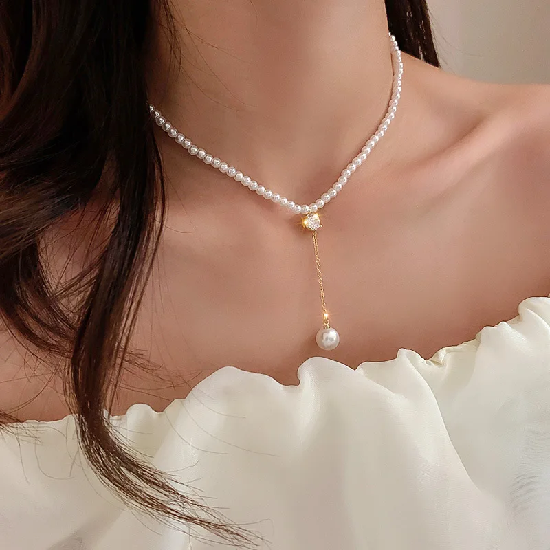 

Ailodo Elegant Imitation Pearl Necklace For Women Korean Fashion Crystal Pendant Party Wedding Necklace Jewelry Girls Gift 2022