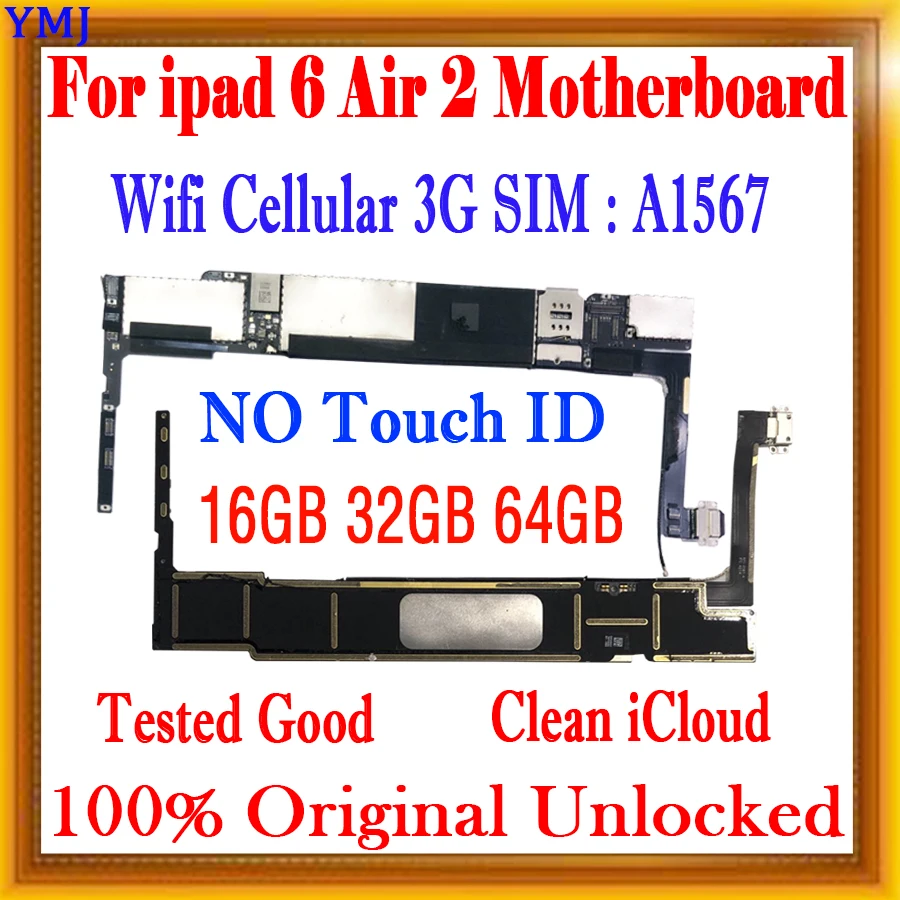 With/No Touch ID For iPad 6 A1567 Wifi Cellular SIM 3G Motherboard  With IOS System free icloud Original Unlocked No ID Account