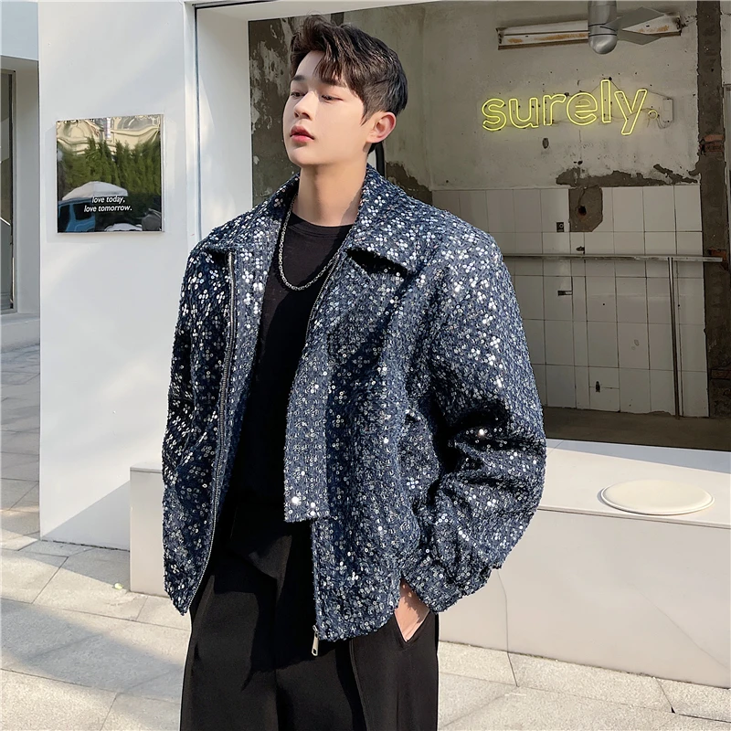 New Men's Jacket Autumn New Korean Fashion Trendy Sequin 2023 Turn-down Collar Long Sleeve Zipper Casual Male Coat Pocket N35