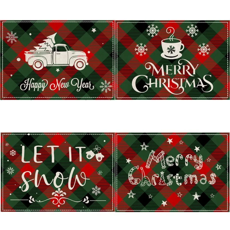 

Set of 4pcs Christmas Placemats Merry Christmas Tree Truck Buffalo Plaid Table Mats Xmas Home Kitchen Table Decor 12 X 18Inch