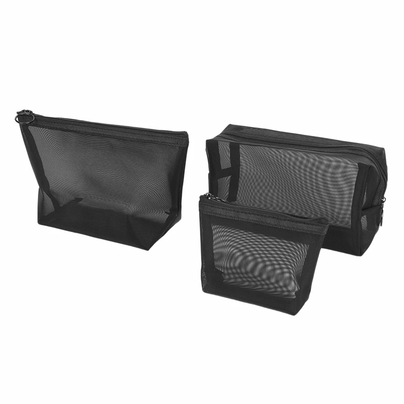 

3Pcs/Set Black Mesh Clear Cosmetic Bag Beauty Wash Bags Makeup Case Travel