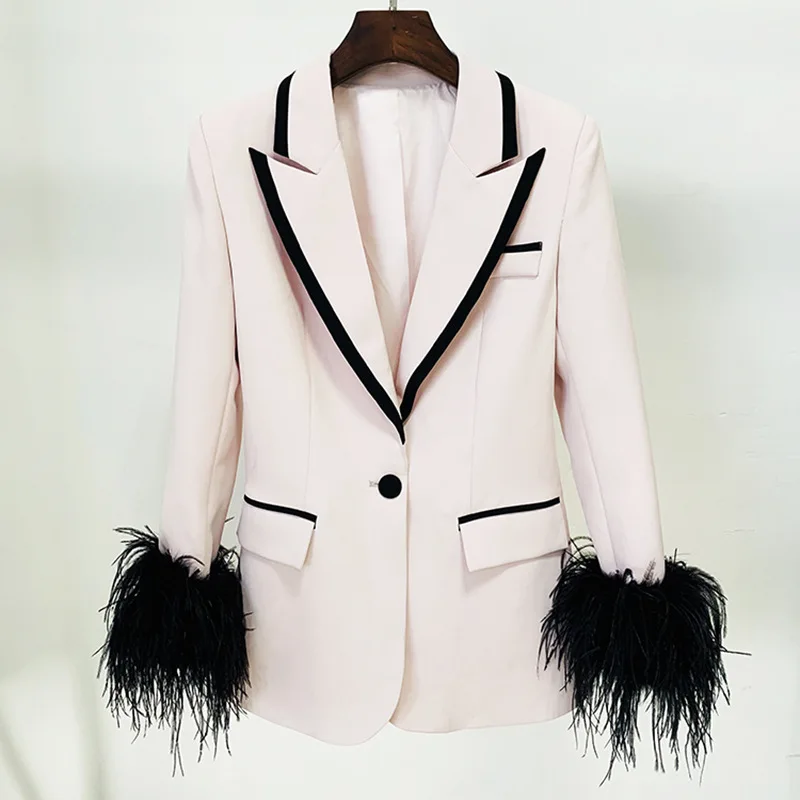 2022 Autumn and winter new European and American style cuff feather decoration one button mid-length slim suit jacket