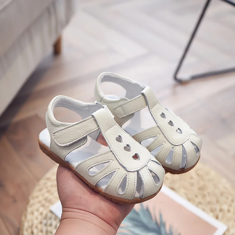 

SandQ Baby Girls Sandals Genuine Leather White Summer Walker Shoes Closed Toe Heart Cutouts Kids Toddler 12.3-18.3 insole New