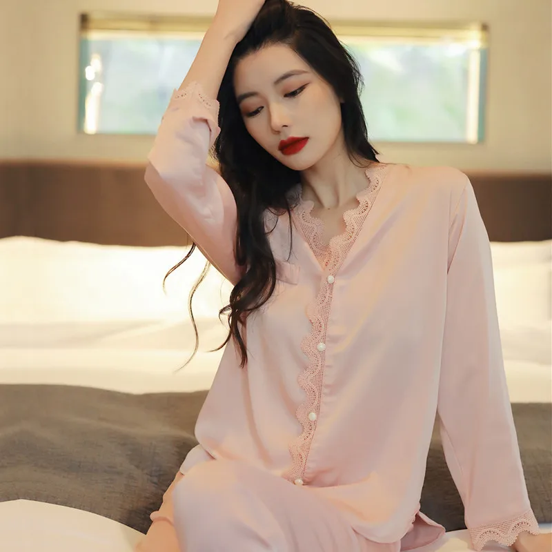 Lace Sexy Silk Pajamas Women's Long-Sleeved Suit Korean-Style Home Loose Ice Silk Thin Homewear