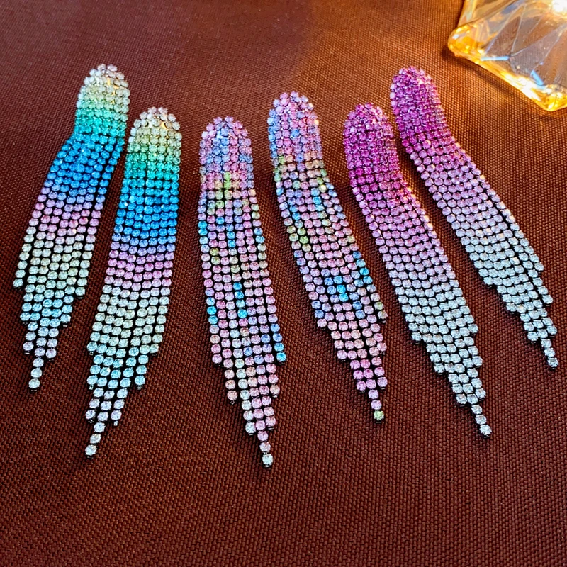 

DREJEW Pink Blue Gradient Color Full Rhinestone Women's Earrings Oversize Long Tassel Crystal Earring For Party Wedding Jewelry