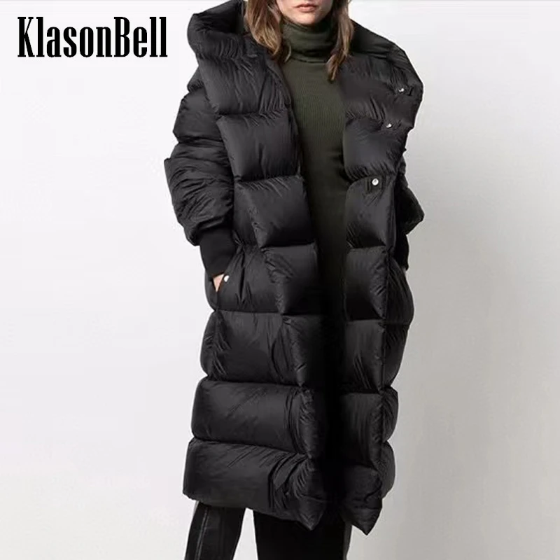 

11,13 KlasonBell черная темпераментная модная сохраняющая тепло с капюшоном боковая сшитая пуговица свободная длинная гусиный пух женская верхняя одежда