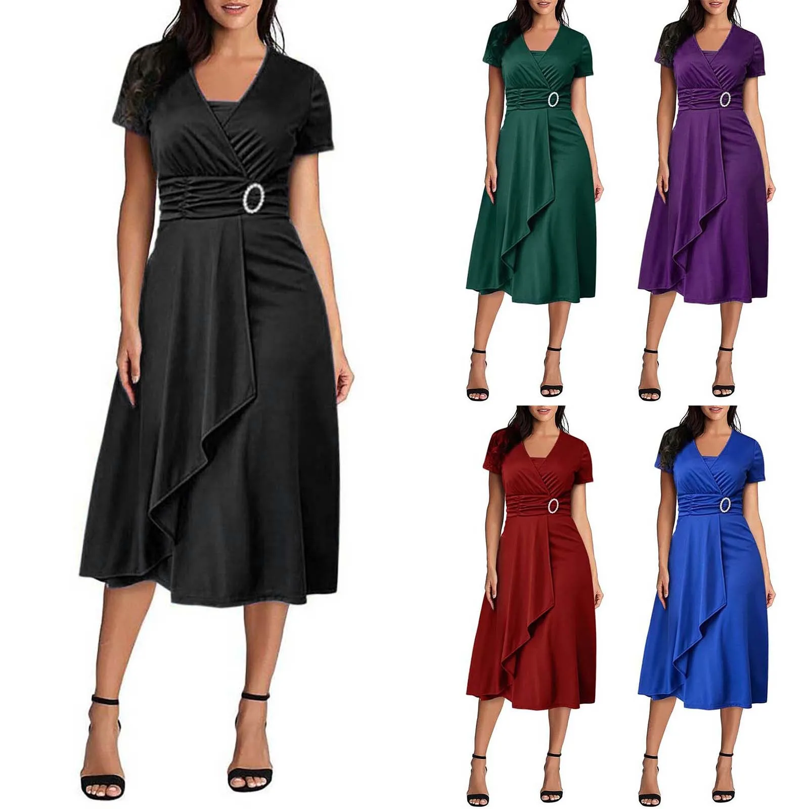 

Ruffled Party Long Irregular Hem Dress Night Club Outfits Women Vintage V Neck Short Sleeve Tie Waist Banquet Dress Vestidos New