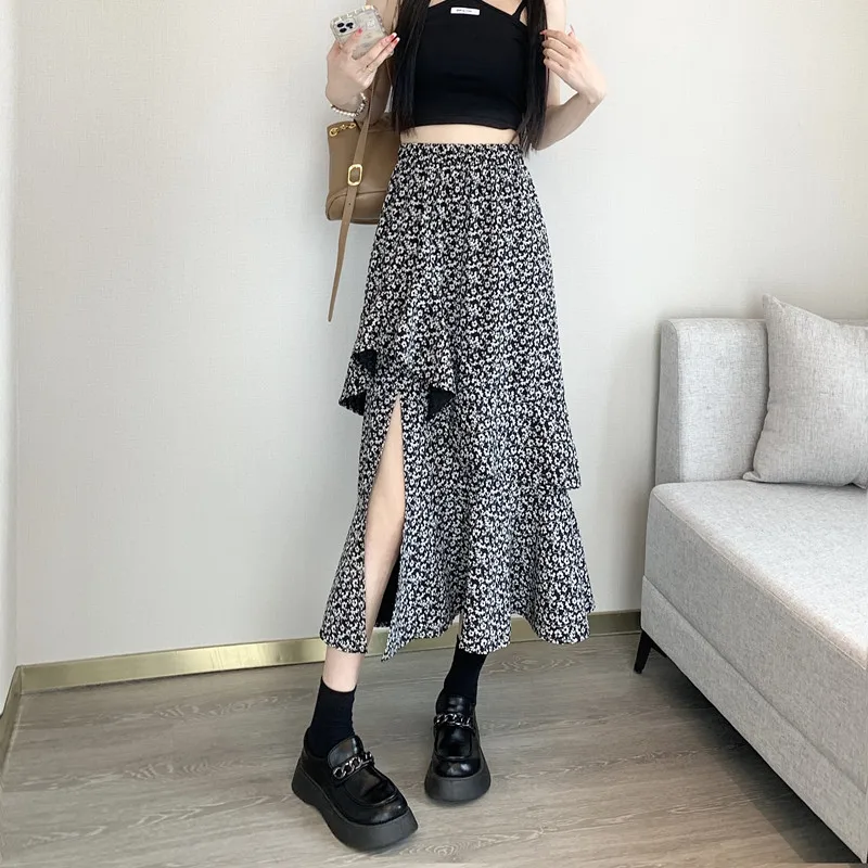 

Fashion Floral Long Skirt for Women 2023 Spring Elegant Elastic High-waisted Midi Skirt Female Irregular A-line Trumpet Faldas