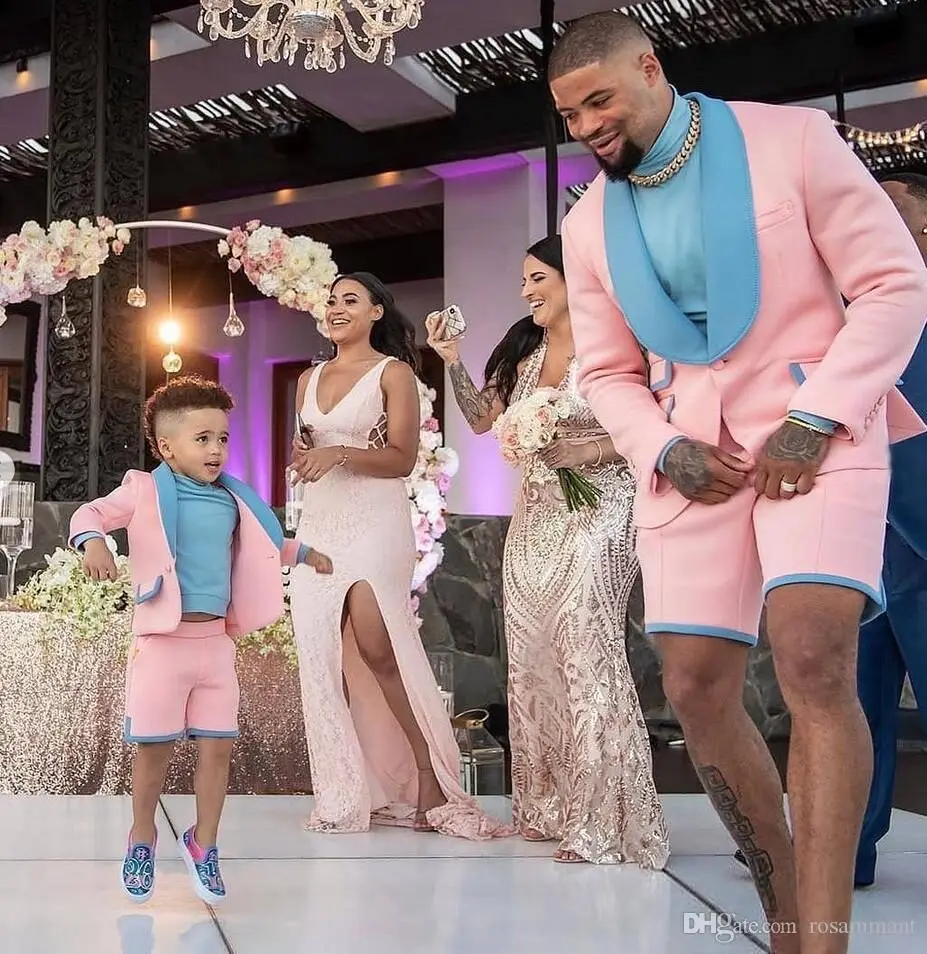 

Latest Blue and Pink Groomsmen Suit Peak Lapel Groom Tuxedos Mens Wedding Set Wedding Prom Beach Dance Best Man Blazer 2 Pcs
