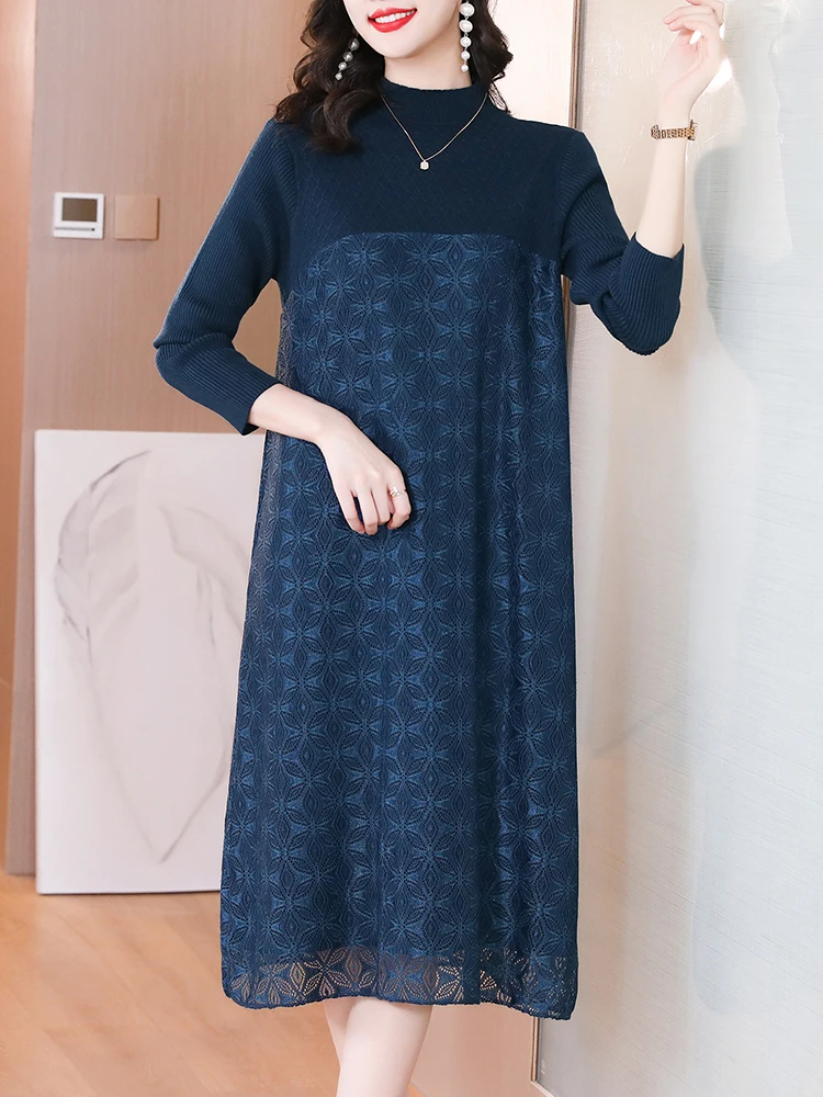 

2023 Blue Knitted Woolen Patchwork Lace Pullovers Women Solde Elegant Loose Top Sweaters Autumn Winter Korean Fashion Warm Coats