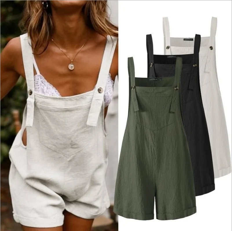 

New Cotton and Linen Casual Rompers Summer Women Solid Colors Strap Button Playsuits 5 Colors Plus Size Loose Beige Housewear