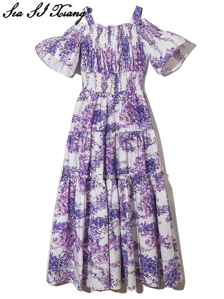 

Seasixiang Fashion Summer Cotton Dress Women Spaghetti Strap Flare Sleeve Purple Flowers Print Sexy Backless Vacation Dress