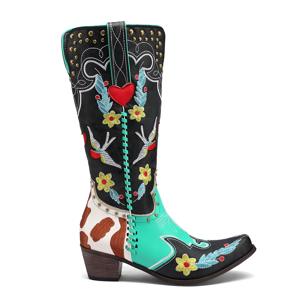 

Gnazhee Fashionable Patchwork Slip On Vintage Trendy Cool Cowboy Western Boots Women's Shoes