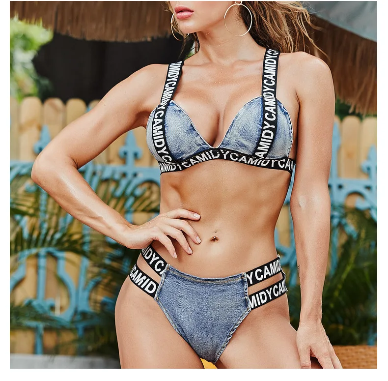 Sexy Bikini Push Up 2022 Swimwear Women Denim Fabric Letter Bikinis Set Swimsuit Bathing Suit Two Piece Summer Beach Wear Bikini