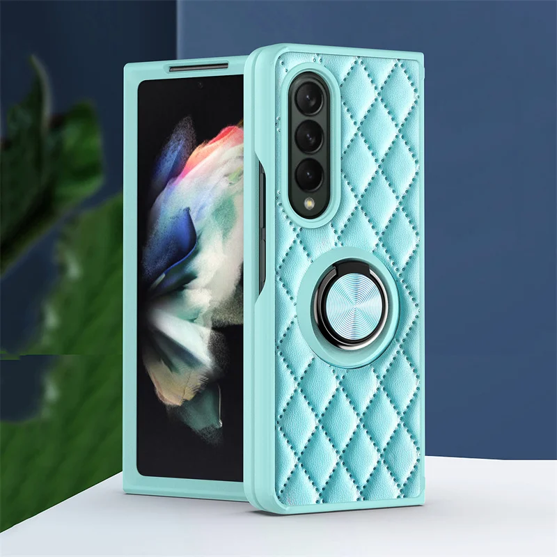 

Diamond Phone Case For Samsung Galaxy Z Fold 3 5G Embossing Leather With Ring Holder Shockproof Back Cover For Galaxy Z Fold 3
