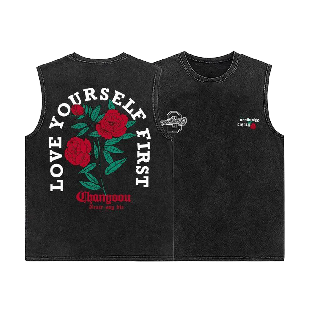 

Pure Cotton Sleeveless Vest Summer American Street Casual Tatoo Rose Print Retro Washed Y2K T-shirt Sports Top Men's Clothing