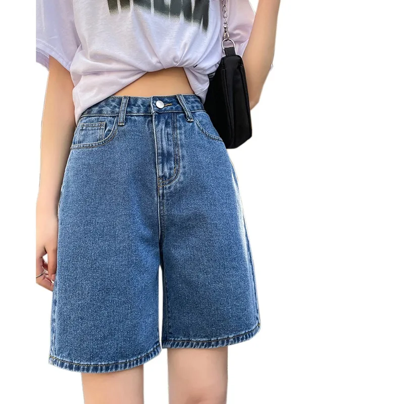 Korean Style Classic Denim Shorts Women Summer Blue High Waisted Shorts Wide Leg Pants Streetwear Stright Jeans Womens Shorts