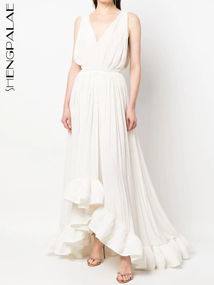 

SHENGPALAE Backless Sleeveless Solid Dress For Women Deep V-Neck High Waist Ruffles Hem Draped Female Vestido 2023 Summer 9J4271