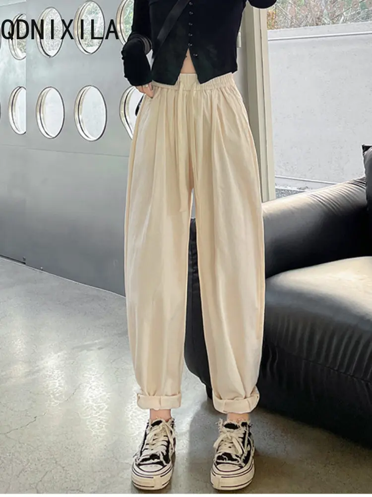 

Корейские женские шаровары из 100% хлопка с высокой талией, мешковатые винтажные спортивные свободные черные женские шаровары длиной до щико...