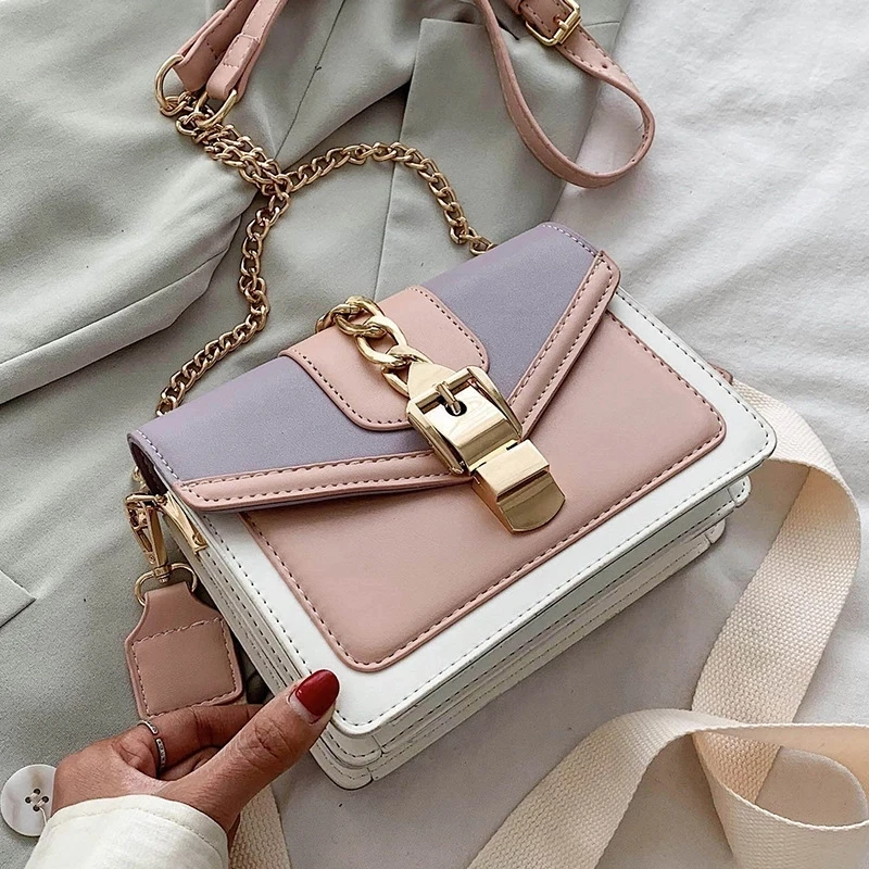 

Fashion Chain Lady Sling Bag Panelled Color PU Leather Crossbody Bag for Women 2022 New Wide Strap Shoulder Messenger Bag Ladies