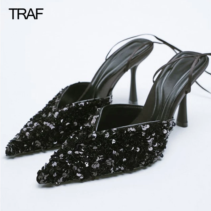 

TRAF Woman 2022 Heeled Sandals Female Pumps Women Black Strappy Heels Blue Stiletto Slingback High Heels Ladies Lace up heels