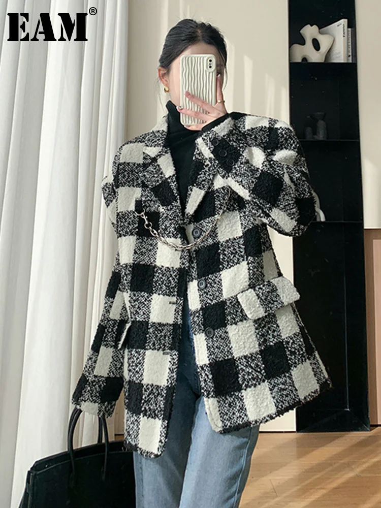 

[EAM] Loose Fit Black Plaid Chain Big Size Woolen Coat Parkas New Long Sleeve Women Fashion Tide Autumn Winter 2023 1DF4094