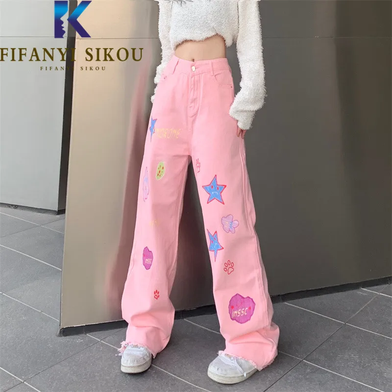 

Джинсы женские с мультяшным принтом, уличная одежда, свободные модные джинсовые брюки с широкими штанинами, длинные брюки из потертого денима с высокой талией, на осень