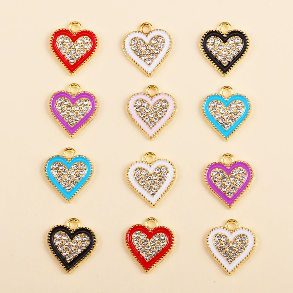 

10Pcs 13*15MM Cute Rhinestones Love Heart Charm for Jewelry Making Supplies Alloy Enamel Drop Earrings Pendants DIY Accessories