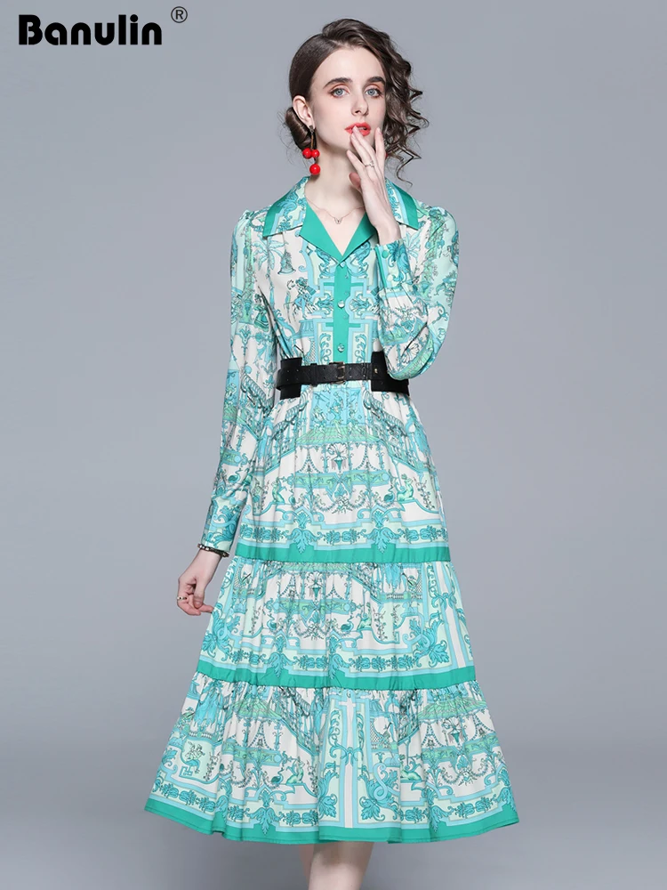 

Spring Autumn Runway Vintage Green Maxi Dress Woman Elegant Leopard Floral Print Long Sleeve A Line Belt Evening Party Dress