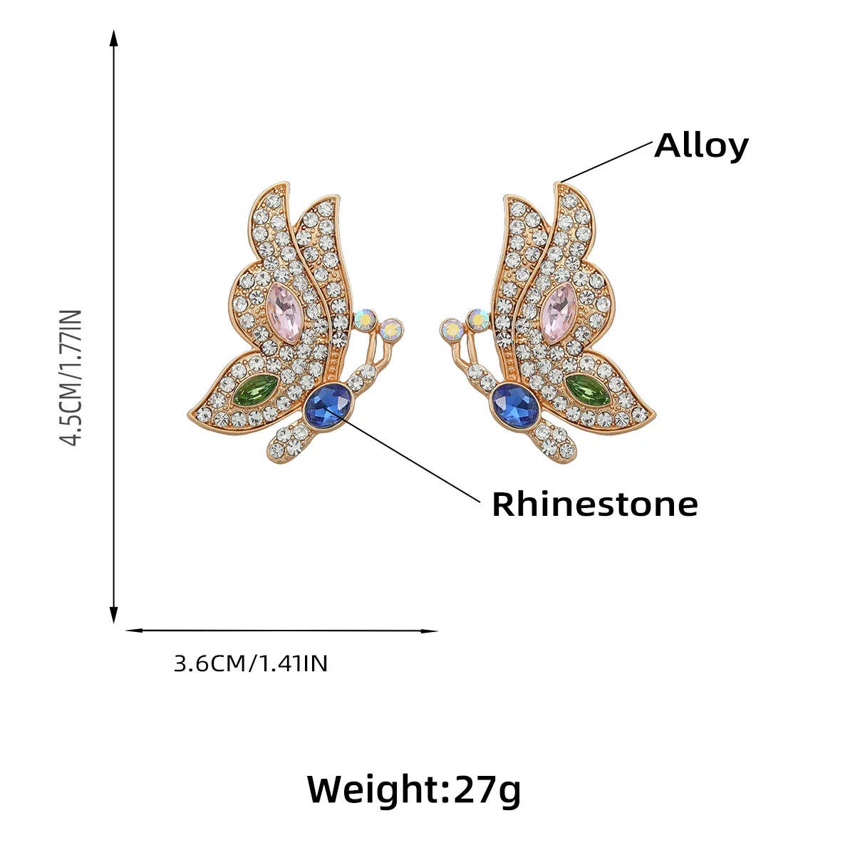 2023 New Baroque Metal Rhinestone Butterfly Stud Earrings for Women Girls Luxury Crystal Earrings Statement Jewelry Wholesale